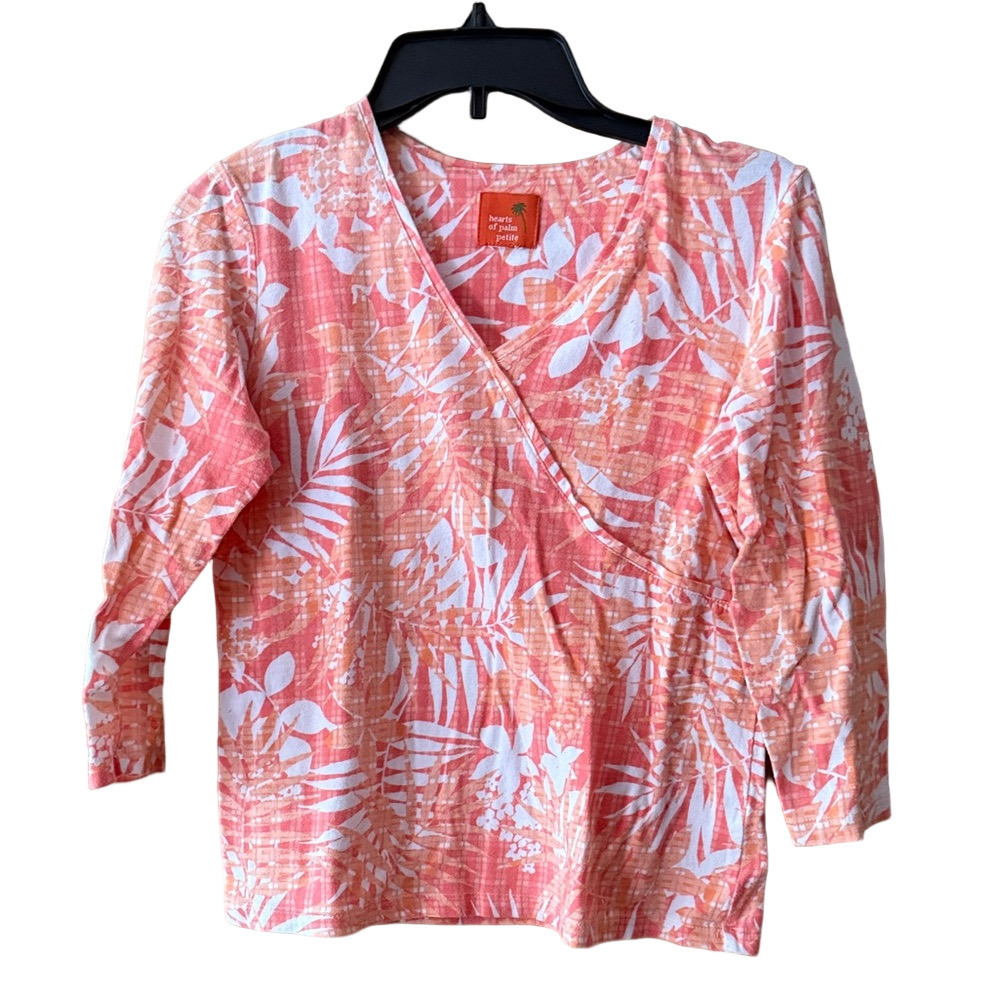 Coral and White Leaf Print Hearts of palm Women's Top petite
